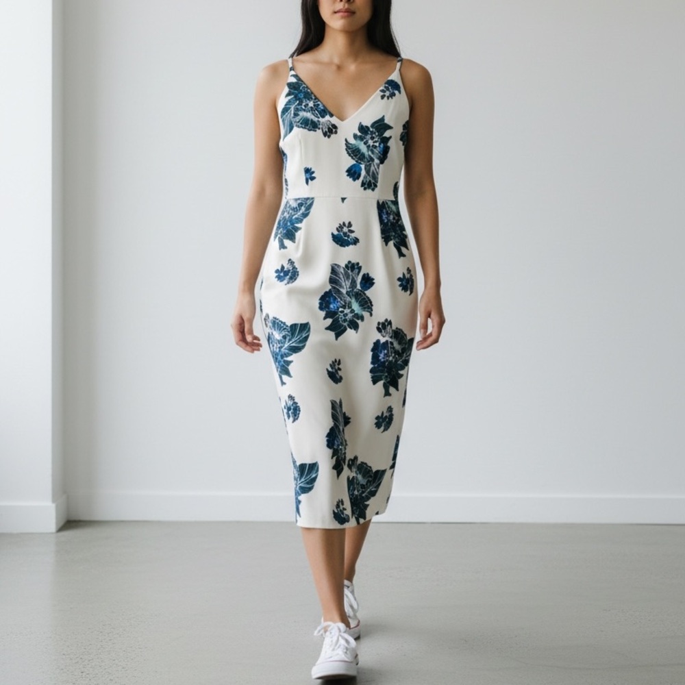 H&M Cream and Blue White Floral Midi Summer Spring Dress NWT Fits M-L